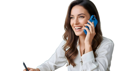 Smiling professional woman effectively communicating on a phone call, demonstrating cheerful engagement while holding a pen, perfect for depicting dynamic business interactions