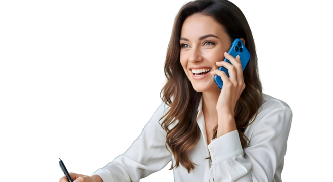 Smiling professional woman effectively communicating on a phone call, demonstrating cheerful engagement while holding a pen, perfect for depicting dynamic business interactions