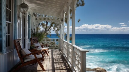 seaside colonial house with verandah chairs and ocean breeze