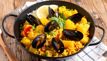 A close-up view showcases a paella dish filled with yellow rice, mussels, vegetables, and a lemon wedge. The pan sits on a wooden table