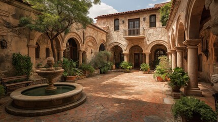 Fototapeta premium Spanish colonial courtyard with arches, stone fountains, and terracotta tiles