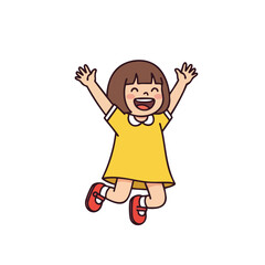 Joyful Cartoon Girl Leaping with Arms Raised, Wearing Yellow Dress and Red Shoes