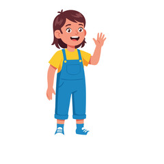 Cheerful Cartoon Girl Waving with Blue Overalls and Yellow Shirt