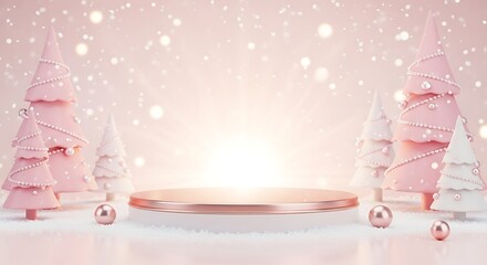 Elegant christmas background with pink and white trees, snow, and a podium for product display isolated on white background, creating a festive and luxurious scene