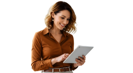 Smiling professional woman efficiently navigating digital content on a tablet, demonstrating smooth and dynamic engagement with modern technology for business tasks