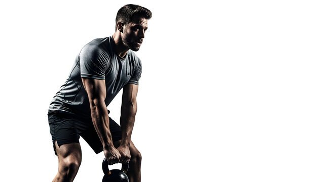 Dynamic male athlete performing intense kettlebell swing exercise, showcasing strength and fitness in a powerful full-body workout session focused on core conditioning - Powered by Adobe