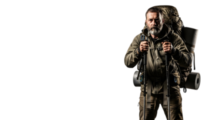 Rugged bearded male hiker with a large backpack and trekking poles, ready for an inspiring wilderness journey. He embodies the spirit of outdoor exploration and adventure