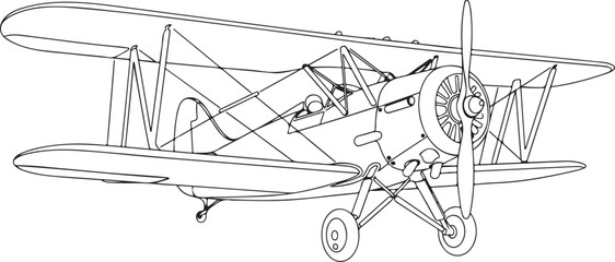 Vintage Biplane Aircraft Line Art Drawing