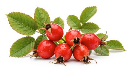 Fresh Rose Hips with Green Leaves on White Background