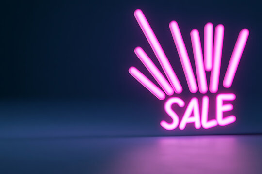 Flashy Sale Sign: A neon sign announces a sale with bright, energetic light bursts, casting a vibrant glow in the darkness. Catchy and inviting! - Powered by Adobe