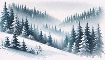 Snowy Winter Mountain Forest Landscape with Misty Pine Trees - Watercolor Illustration