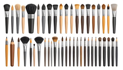 A comprehensive set of makeup brushes, displayed in two neat rows against a white backdrop. The collection includes various shapes & sizes
