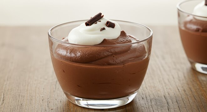 Rich chocolate mousse dessert topped with whipped cream and shavings. - Powered by Adobe