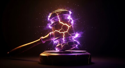 A glowing gavel shatters with electric energy, symbolizing the power and intensity of the law, justice, and legal decisions in a dramatic display