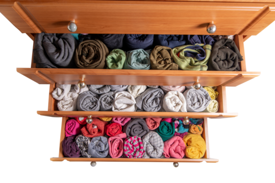 Open chest drawers with  vertical storaged twisting clothes. View from above. Storage of clothes in the wardrobe. Japanese method