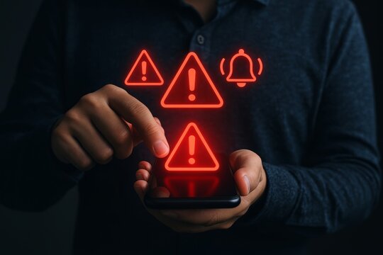 Man is holding a cell phone with a red alert on it. The alert is a red triangle with a red exclamation point