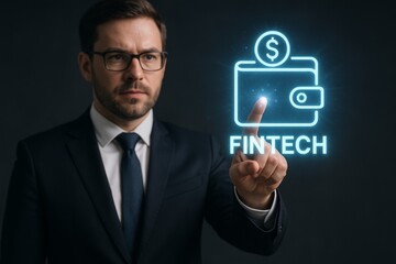 Obraz premium Man in a suit is pointing to a picture of a wallet with the word 