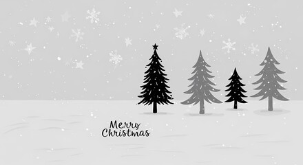 Obraz premium Merry Christmas greeting with snowy pine trees and snowflakes