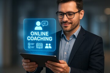Man is holding a tablet and smiling at a screen that says "Online Coaching". Concept of positivity and enthusiasm for the idea of online coaching