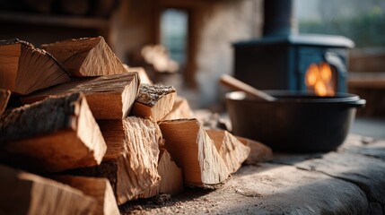 Fototapeta premium Cozy rustic setting with firewood stack and cooking pot