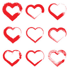 Set of 9 Red Grunge Brush Stroke Heart Vector Illustrations