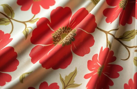 Detailed view of draped fabric featuring a bold red floral pattern. Cream background with stylized flowers and green leaves, showing soft textile texture and intricate design.