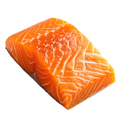 A close-up of a raw salmon fillet, bright orange with visible white fat lines on a black background
