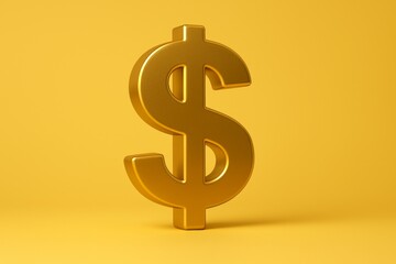 Fototapeta premium Gold dollar sign is on a yellow background. The dollar sign is large and bold, and it stands out against the bright yellow background. Concept of wealth and prosperity