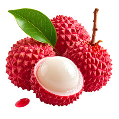 Close-up of vibrant red lychees, one peeled, with leaf and stem. Black background