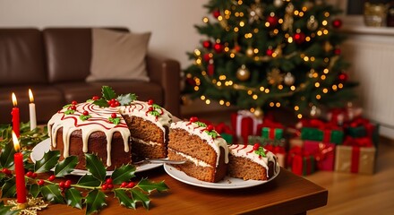 A delicious christmas cake with candles and decorations, set against a festive backdrop of a christmas tree and presents in a cozy living room setting