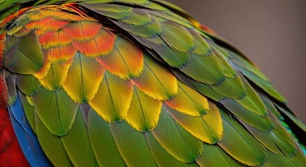 Fototapeta premium Close-up view of overlapping colorful green feathers with hints of yellow and red.