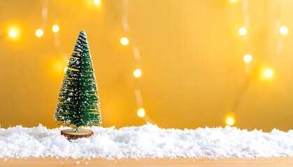 A festive scene shows a small, artificial tree on a snowy surface, with a blurred, warm-toned background and string lights