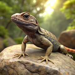 Fototapeta premium A green iguana lizard reptile with detailed scales resting close−up on a rock, showcasing the wildlife animal in nature