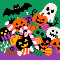 Pile of halloween candies and decorations with bat and ghost