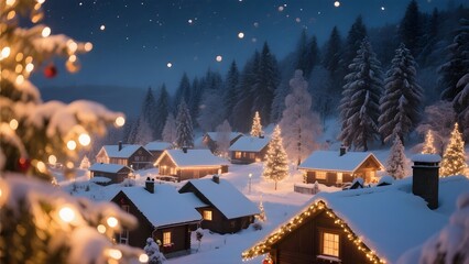 Cozy snow covered village at night with twinkling christmas lights