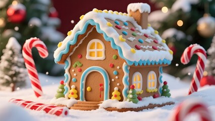 Festive gingerbread house decorated with icing and candies surrounded by candy canes