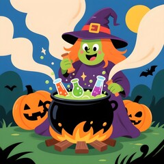 Happy witch brewing potion in cauldron with pumpkins and bats