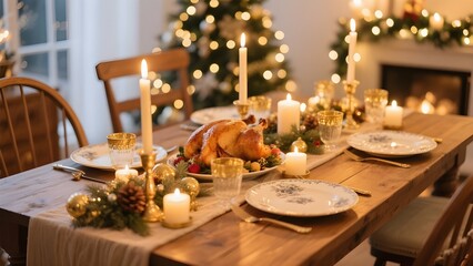 Festive christmas dinner table setting with roast turkey and candles