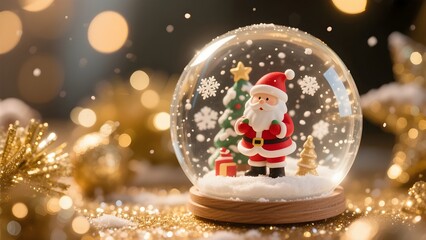 Festive christmas snow globe with santa claus and twinkling lights