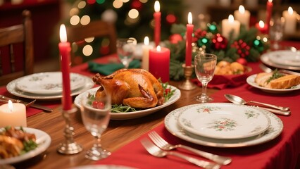 Festive christmas dinner table setting with roasted turkey and candles