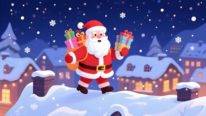 Santa claus on a snowy rooftop delivering gifts on christmas eve
