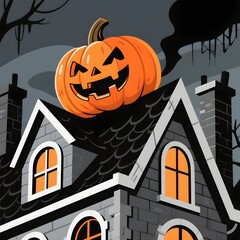 Spooky jack o lantern halloween pumpkin on haunted house rooftop