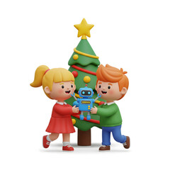 Naklejka premium Joyful Christmas Celebration with Kids and Robot Toy – A Cute Holiday Scene Featuring a Smiling Boy and Girl Exchanging Gifts Beside a Decorated Christmas Tree with a Bright Star Topper