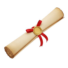 Old rolled paper scroll with red ribbon isolated on transparent background