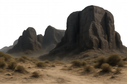 Arid desert landscape with large rock formations and dry brush, concept of wilderness and desolation