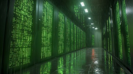 Data Center Servers with Green Matrix Effect.