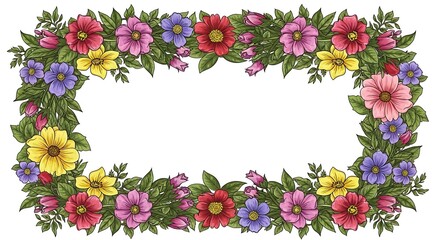 Floral Frame with Colorful Flowers and Green Leaves for Invitations and Greetings.