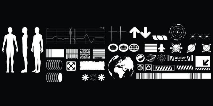 Collection of futuristic and sci-fi graphic elements for digital design projects isolated on white background