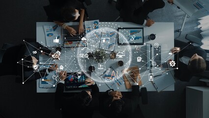 A dynamic business meeting showcasing a collaboration of professionals around a conference table, featuring technology and data analytics with global connectivity elements. Raster