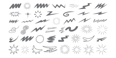 Collection of hand drawn brush strokes and abstract shapes for graphic design elements isolated on white background